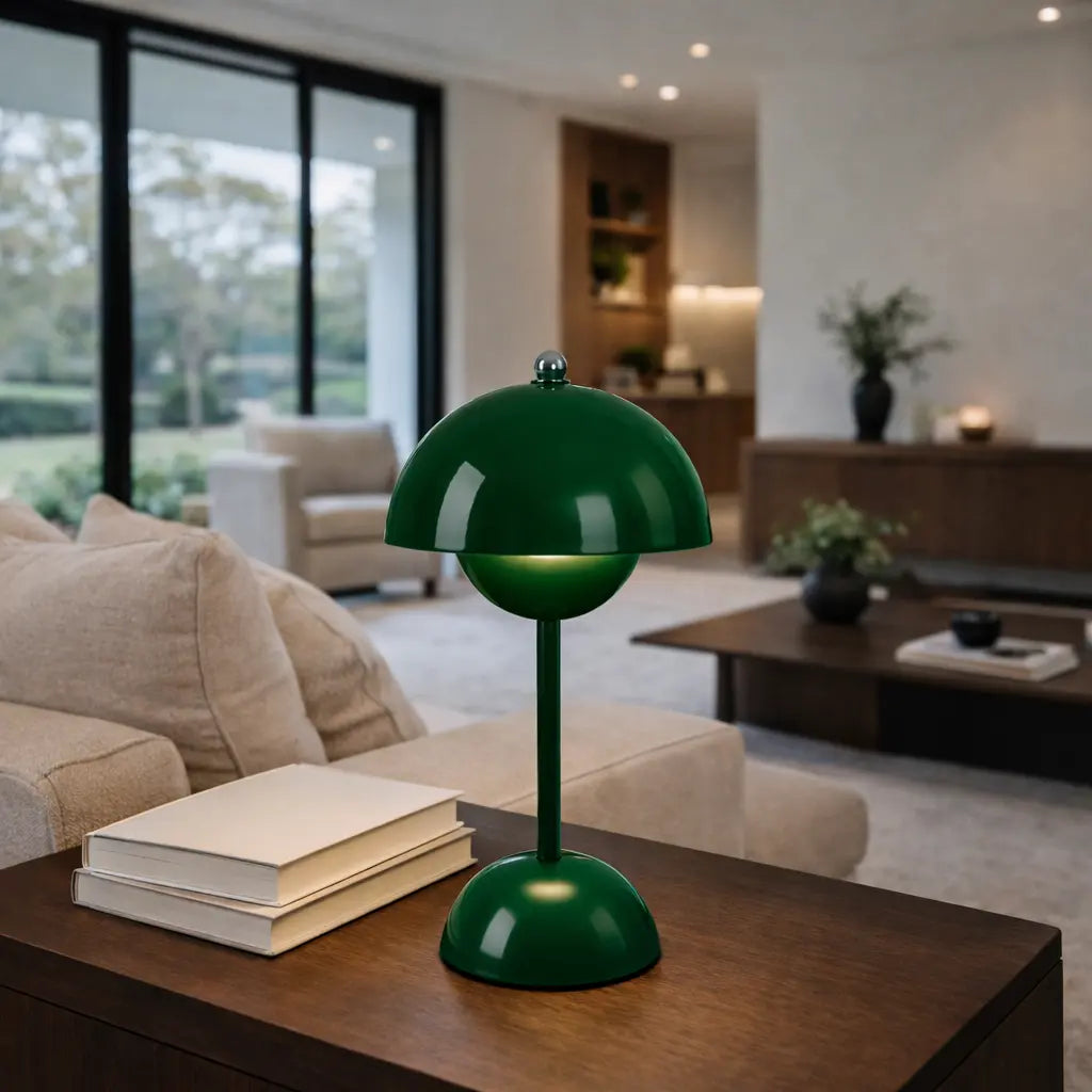 Dark green mushroom table lamp on wooden console in modern living space