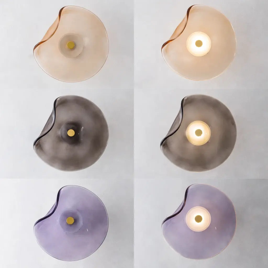Organic glass wall light in amber, grey and purple finishes (on and off)
