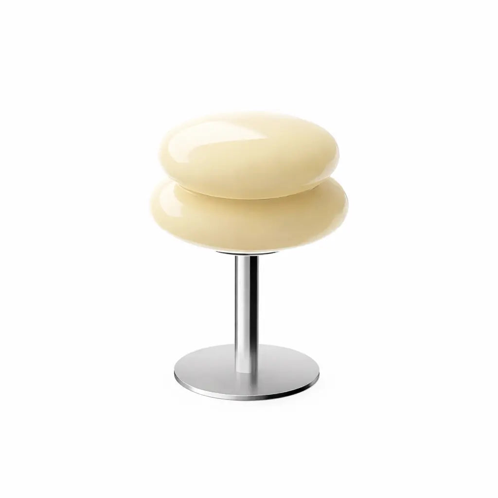 Cream glass mushroom table lamp with brushed steel base