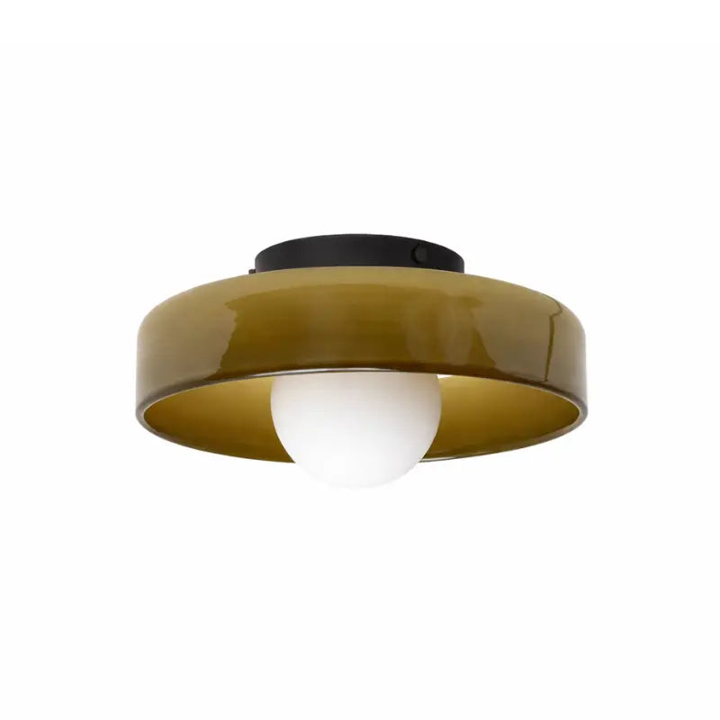 Olive green flush mount ceiling light with opal glass globe and black base
