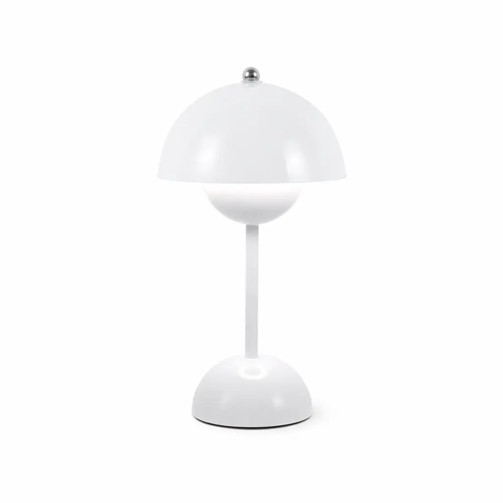 White modern mushroom table lamp with glossy metal finish