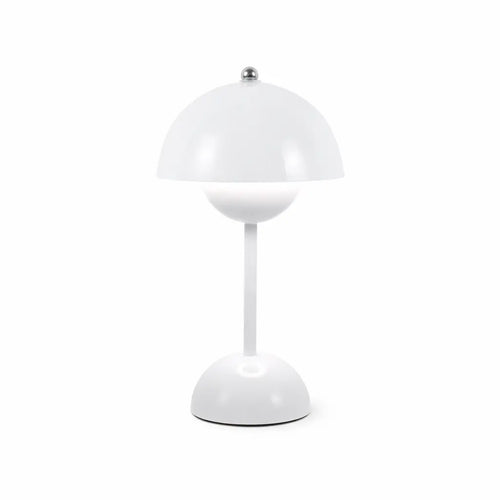 White modern mushroom table lamp with glossy metal finish