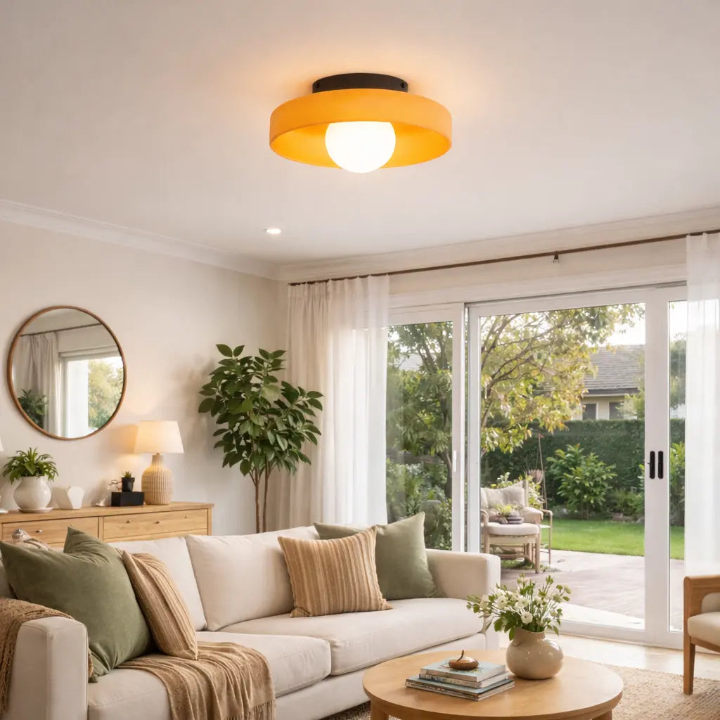 Yellow modern flush mount ceiling light installed in living room