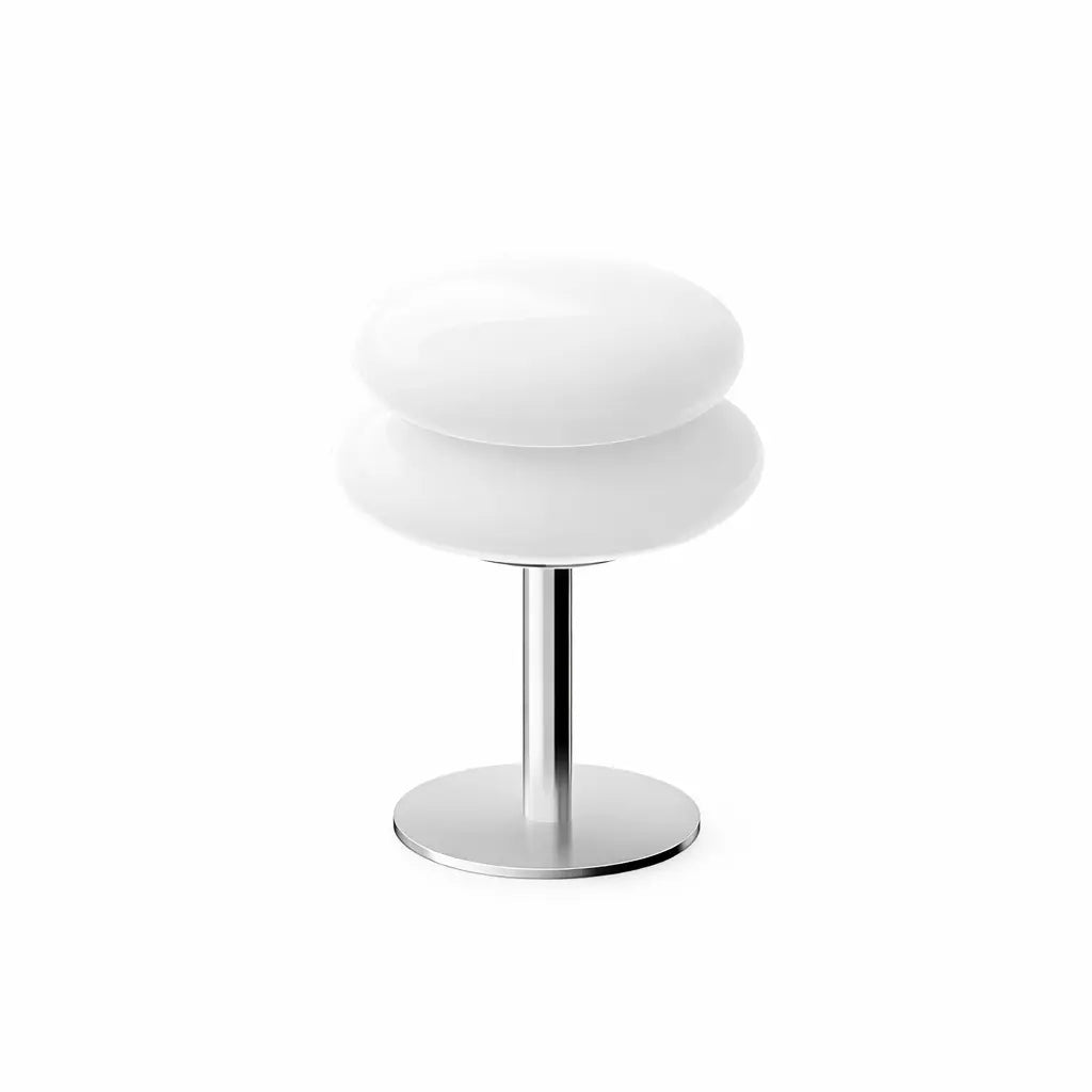 White glass mushroom table lamp with brushed steel base