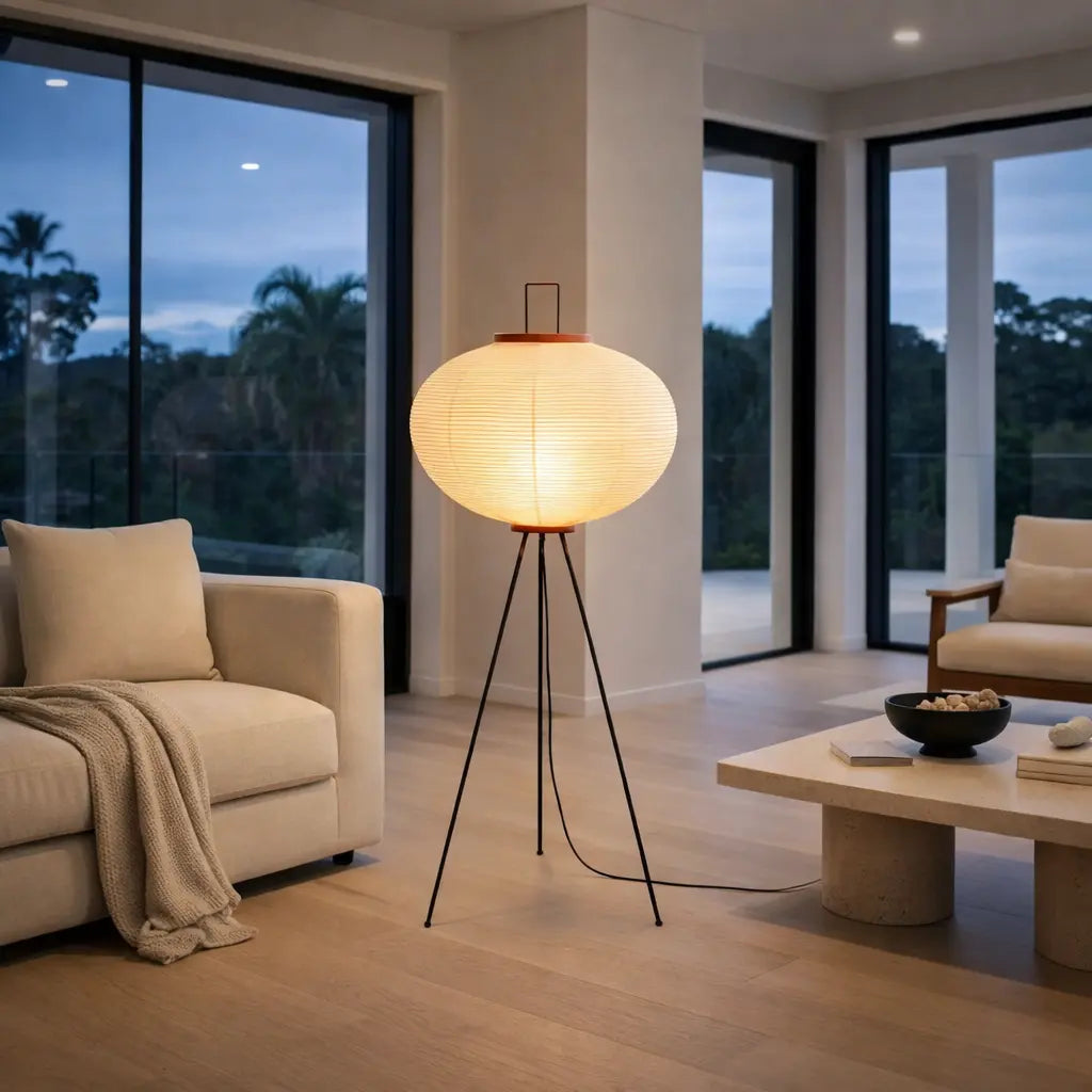 Modern Japanese paper tripod floor lamp in minimalist living room