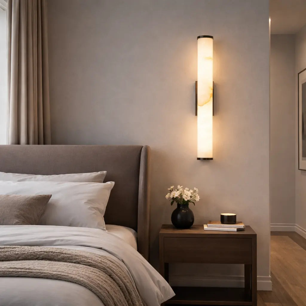 Vertical marble effect LED wall sconce in bedroom with bronze mount