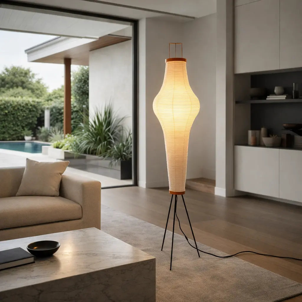Sculptural paper floor lamp with tripod stand in modern open-plan home