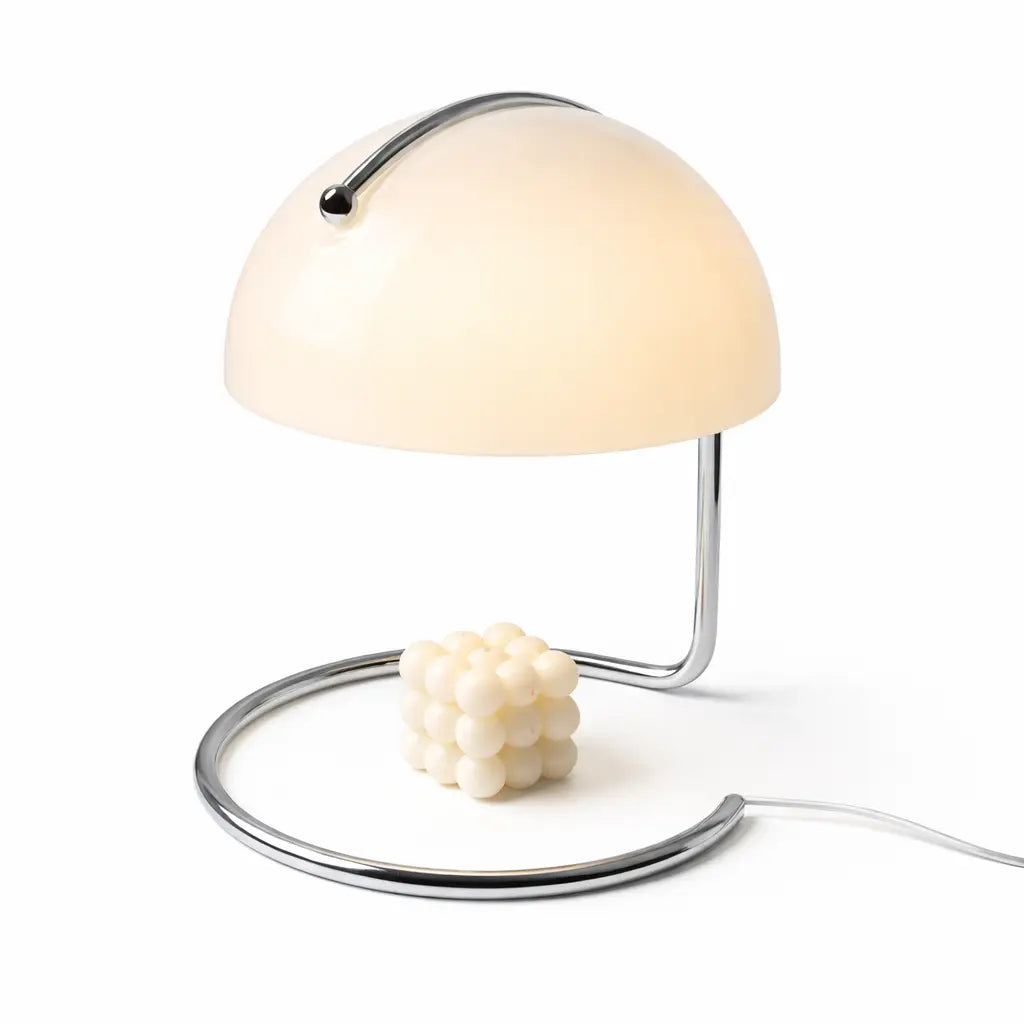 Cream mushroom candle warmer lamp with chrome frame and white bubble candle.