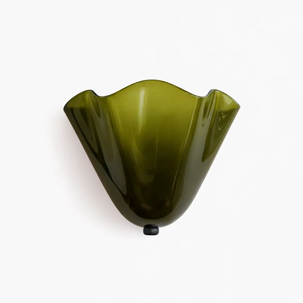 Olive green glass wall sconce with curved sculptural shade