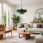Dark green tiered ceiling light in a modern lounge room.