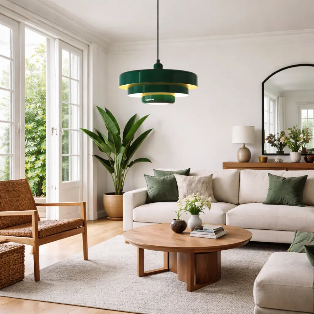 Dark green tiered ceiling light in a modern lounge room.