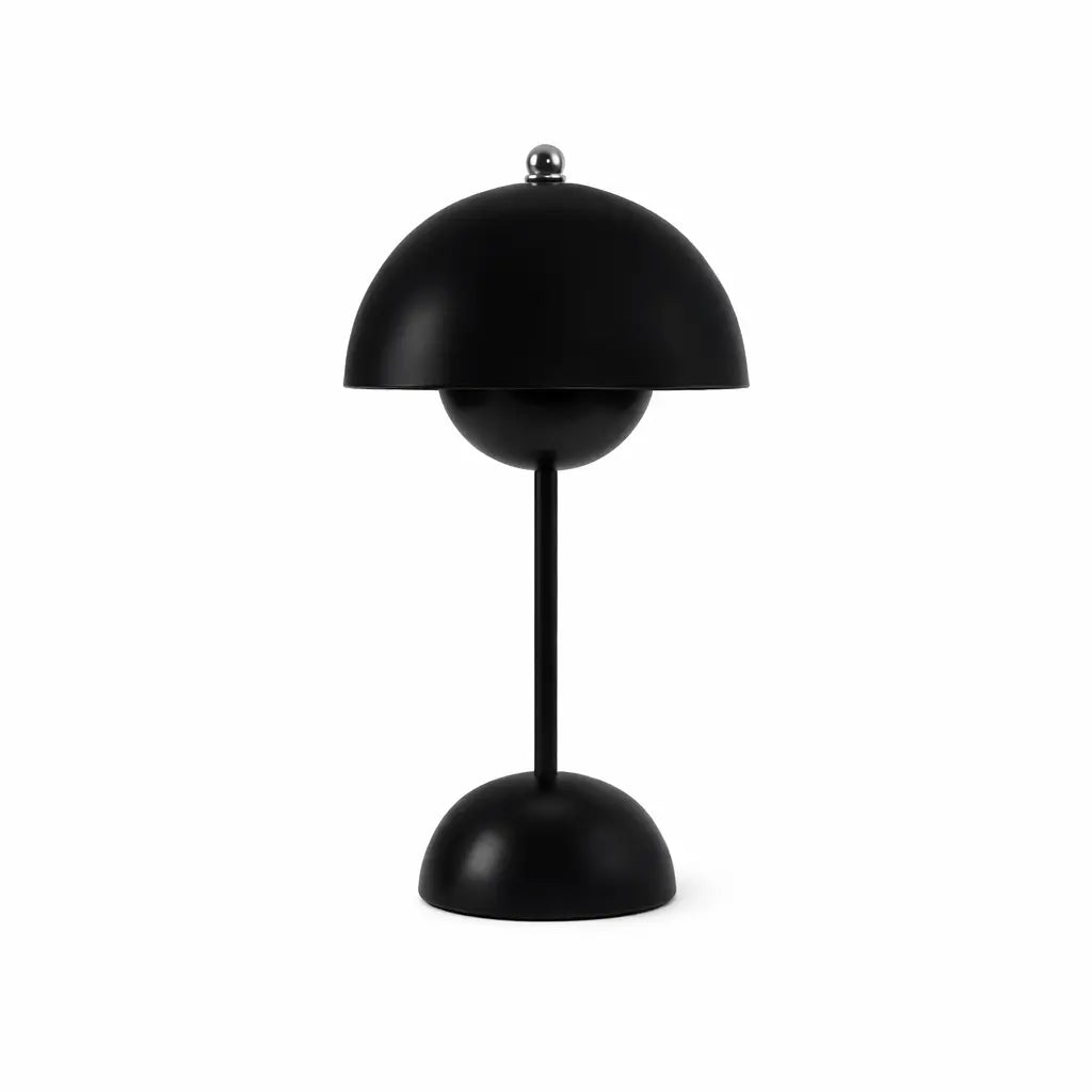 Black modern mushroom table lamp with glossy metal finish