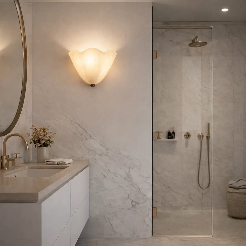 Cream glass wall sconce installed in modern marble bathroom