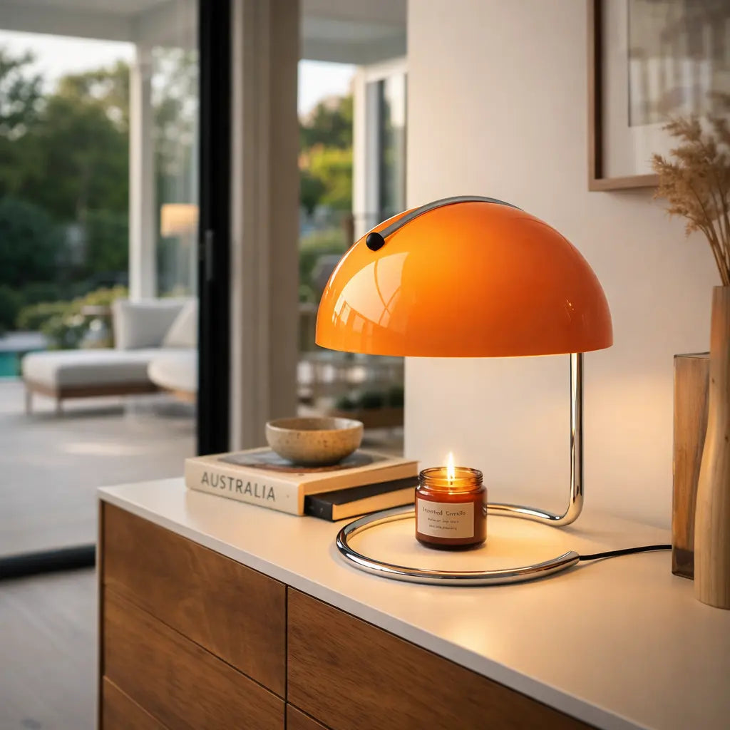 Orange candle warmer lamp lifestyle shot on timber sideboard with lit jar candle.