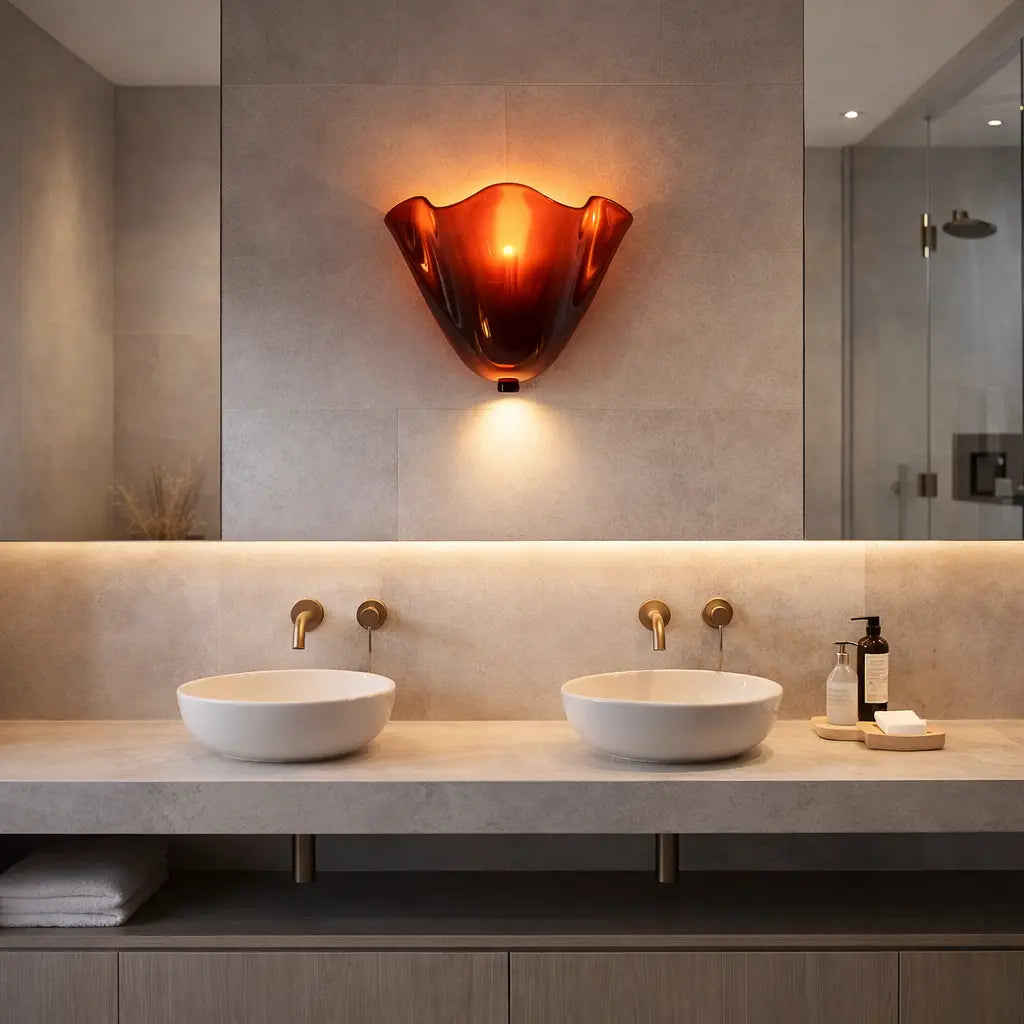 Red glass wall sconce above double vanity in contemporary bathroom