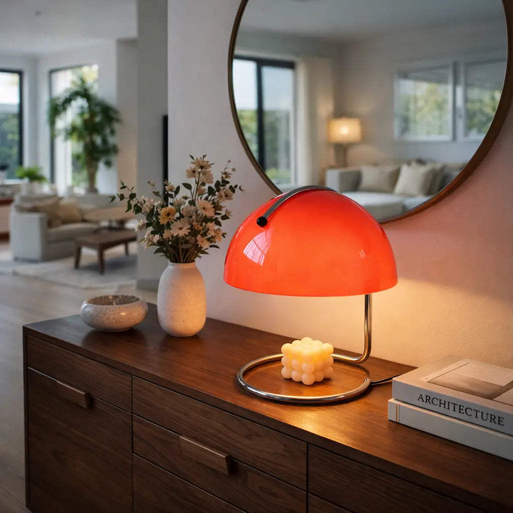 Red electric candle warmer lamp on dark wood buffet in modern Australian home.