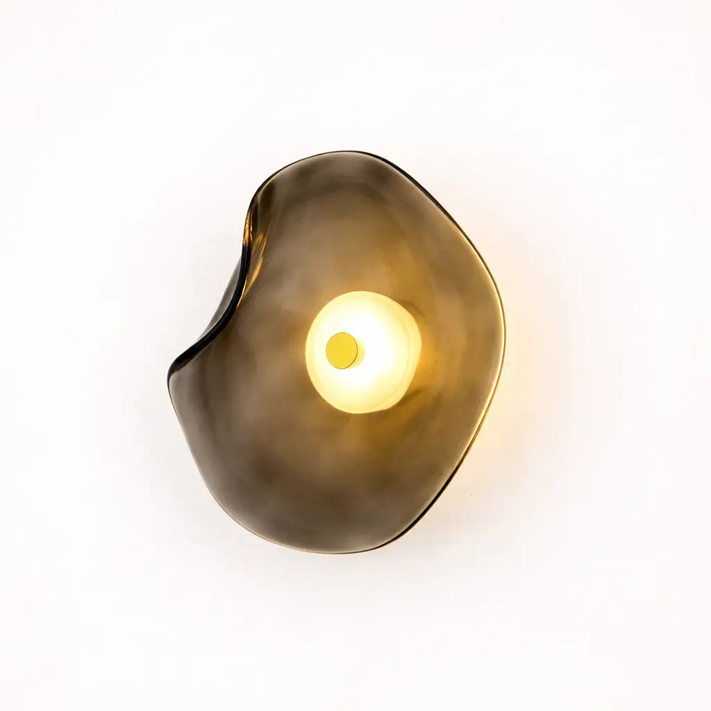 Close-up smoked grey organic glass LED wall light