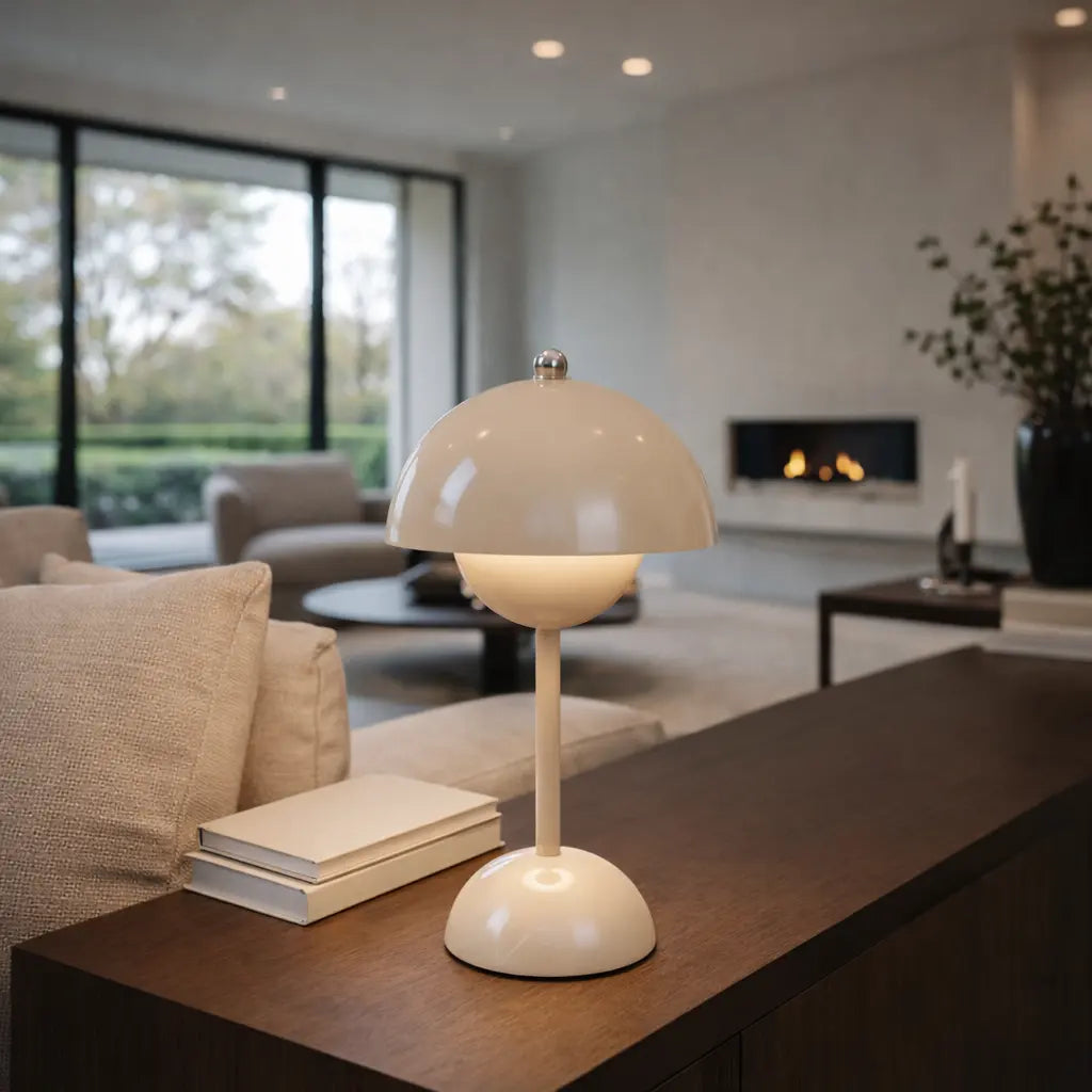 Sand beige mushroom table lamp styled on wooden console in modern lounge