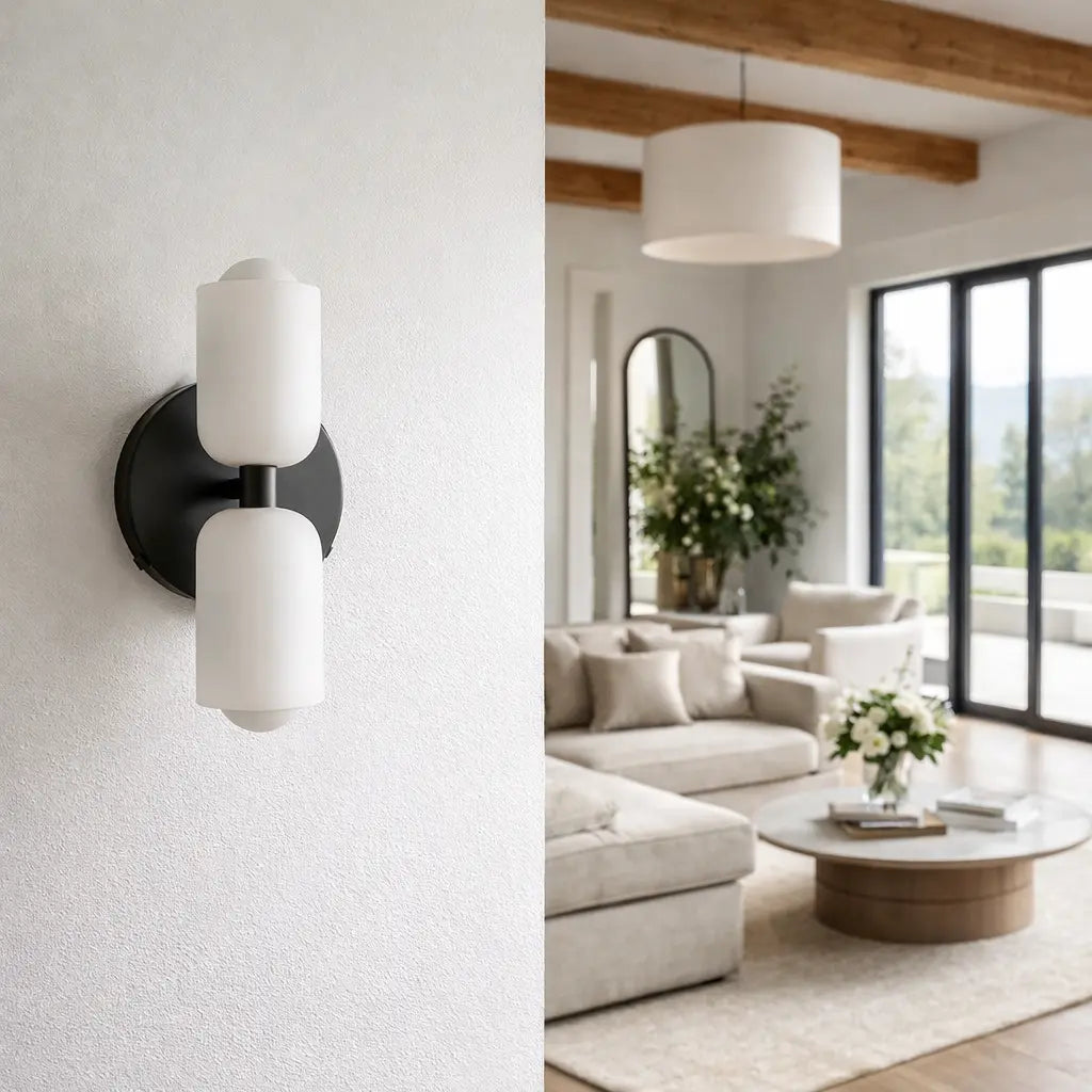 Modern double frosted glass wall sconce in matte black styled in contemporary living room