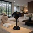 Black mushroom table lamp on timber sideboard in contemporary living room